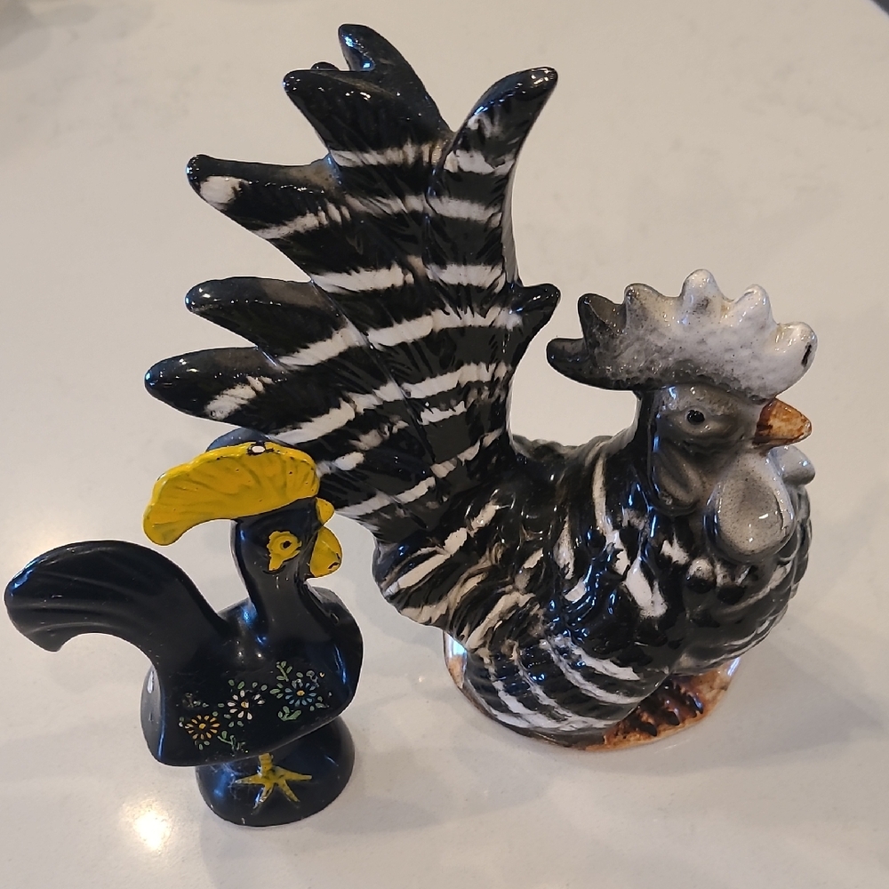 Ceramic Rooster Figurine Set - Black and White